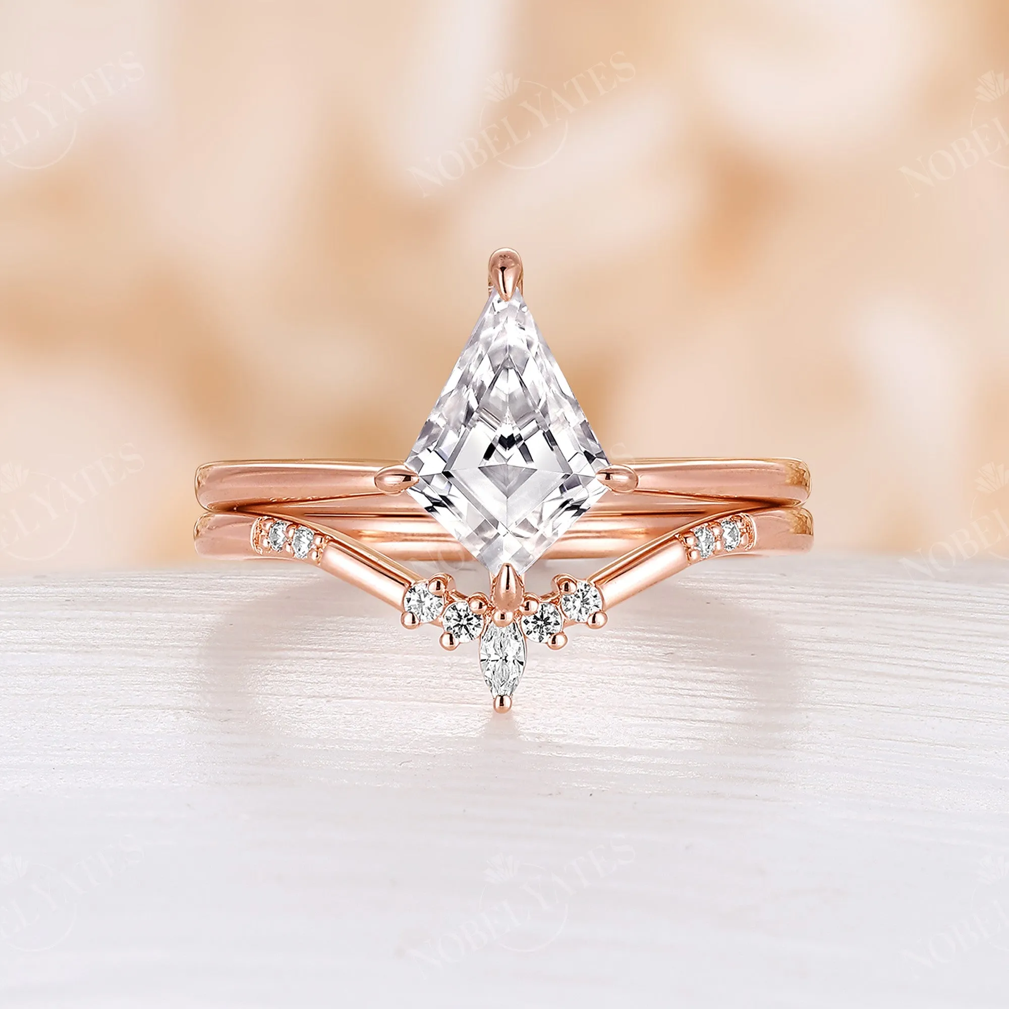 Vintage Kite Cut Solitaire Moissanite Bridal Set Rose Gold