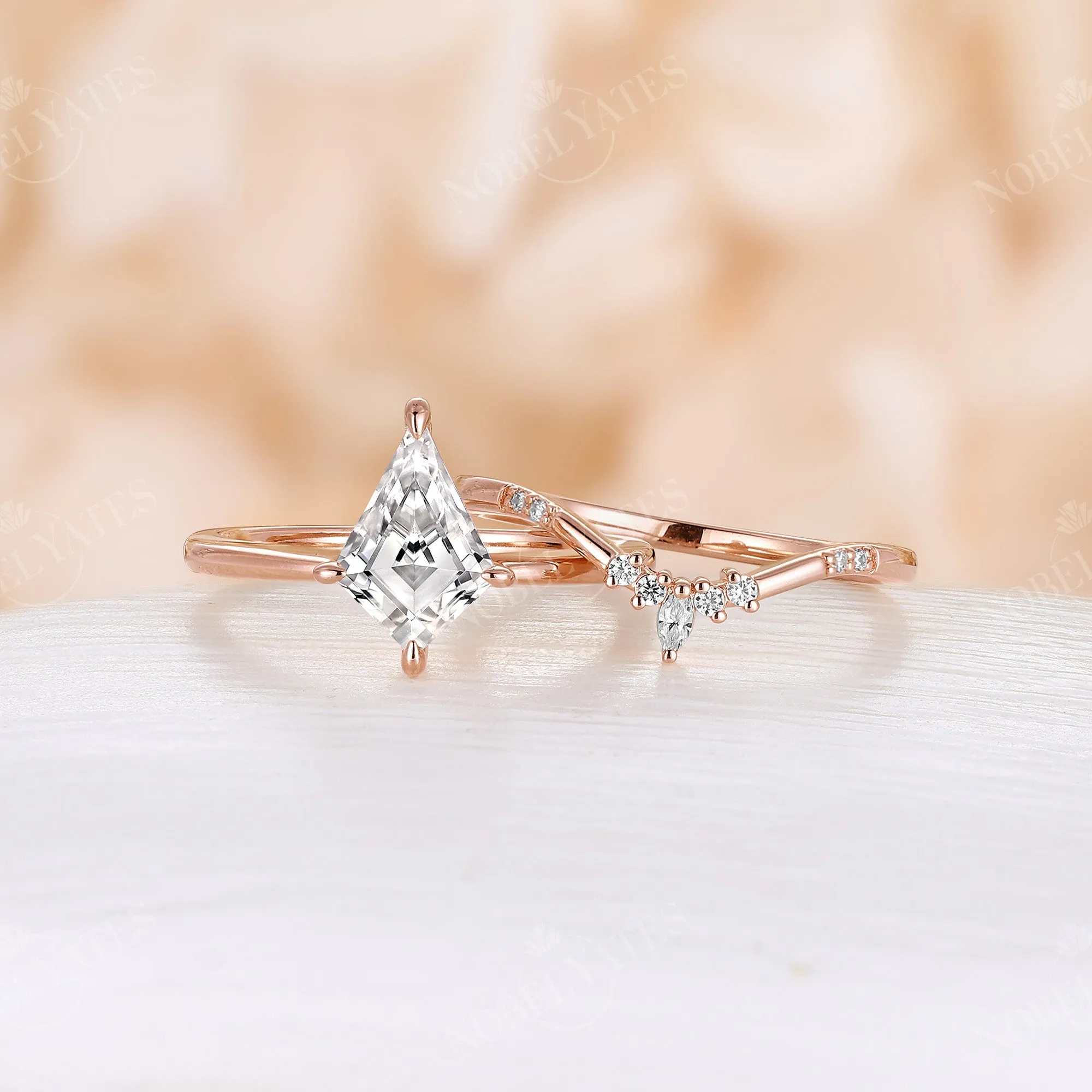 Vintage Kite Cut Solitaire Moissanite Bridal Set Rose Gold