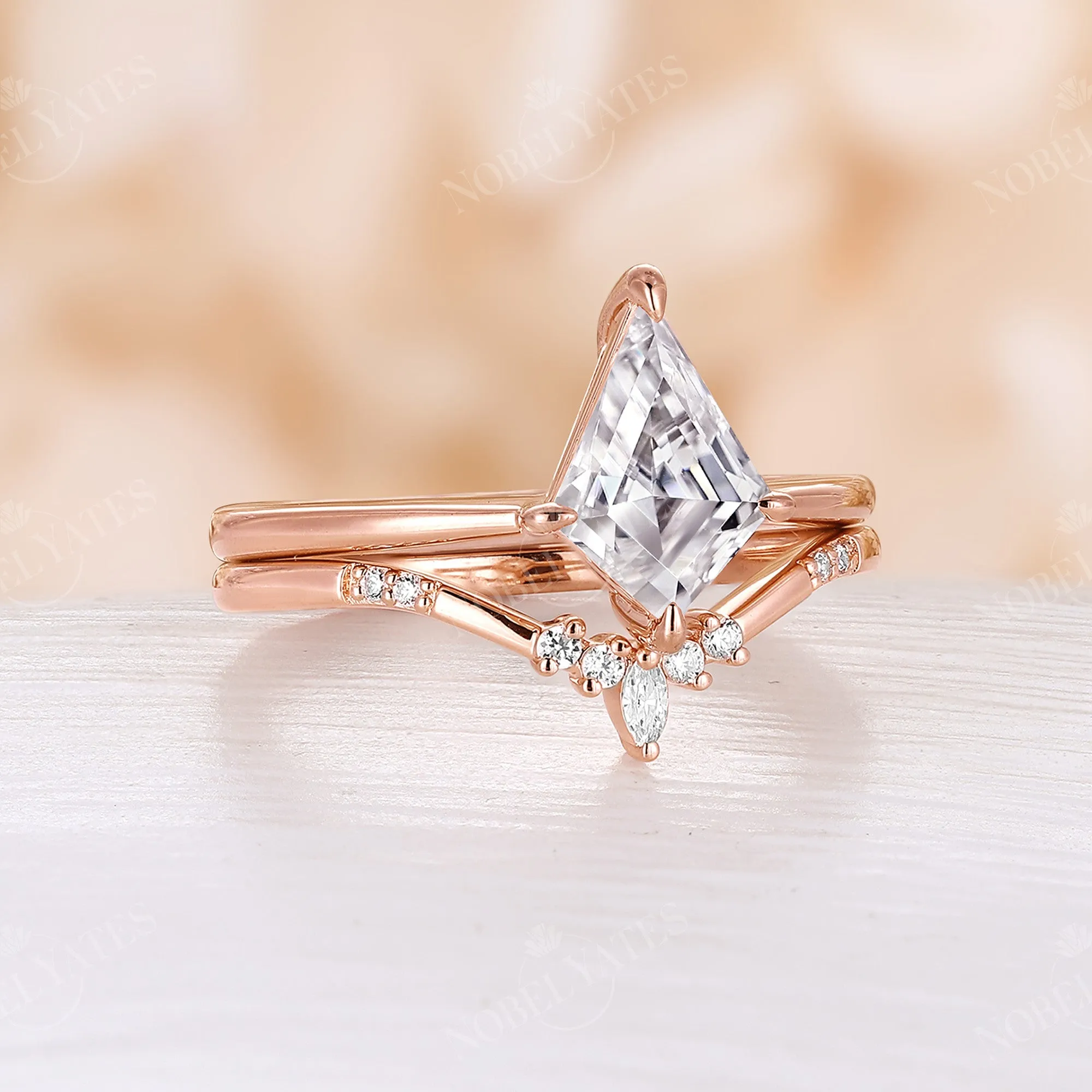 Vintage Kite Cut Solitaire Moissanite Bridal Set Rose Gold