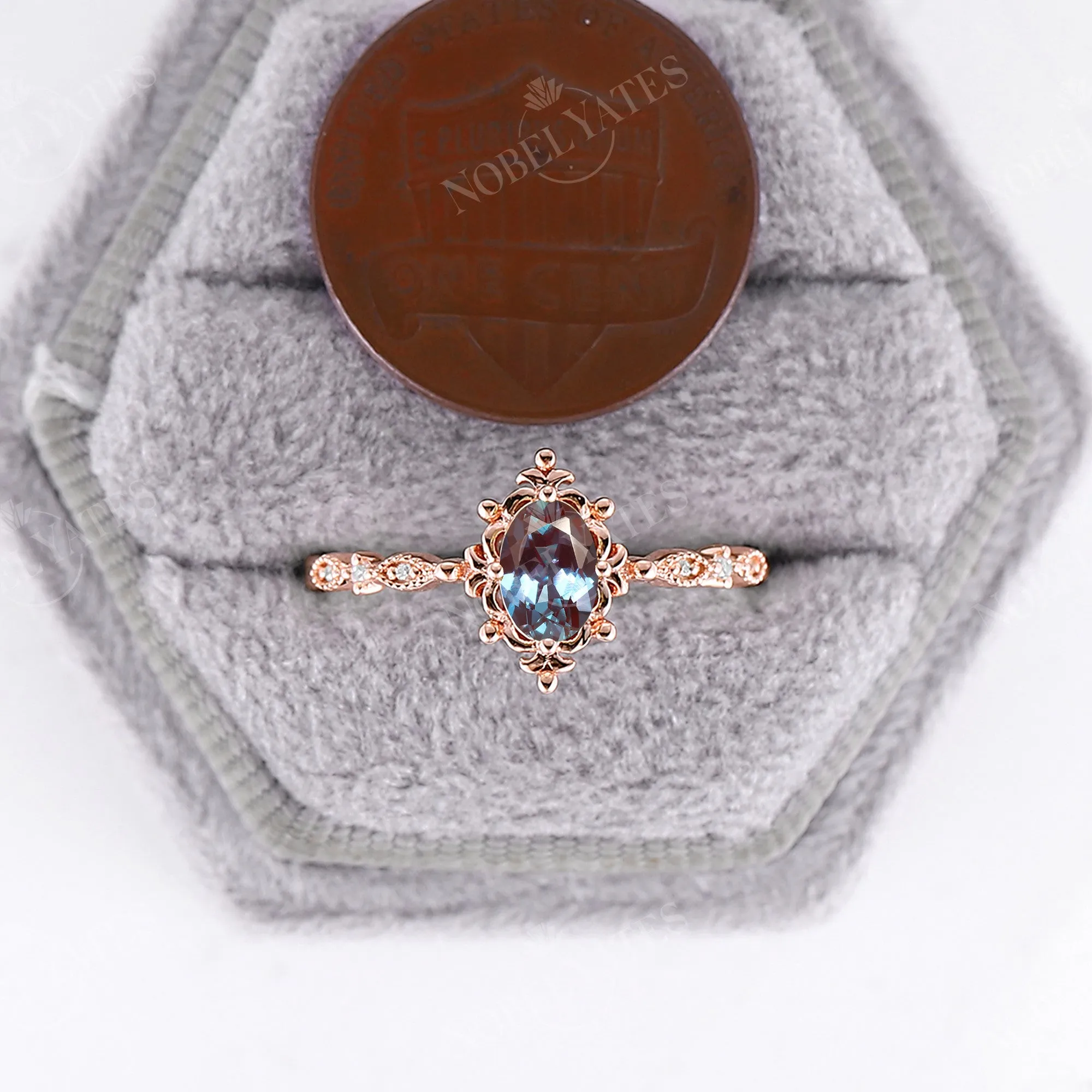 Vintage Lab Alexandrite & Diamond Milgrain Engagement Ring Rose Gold