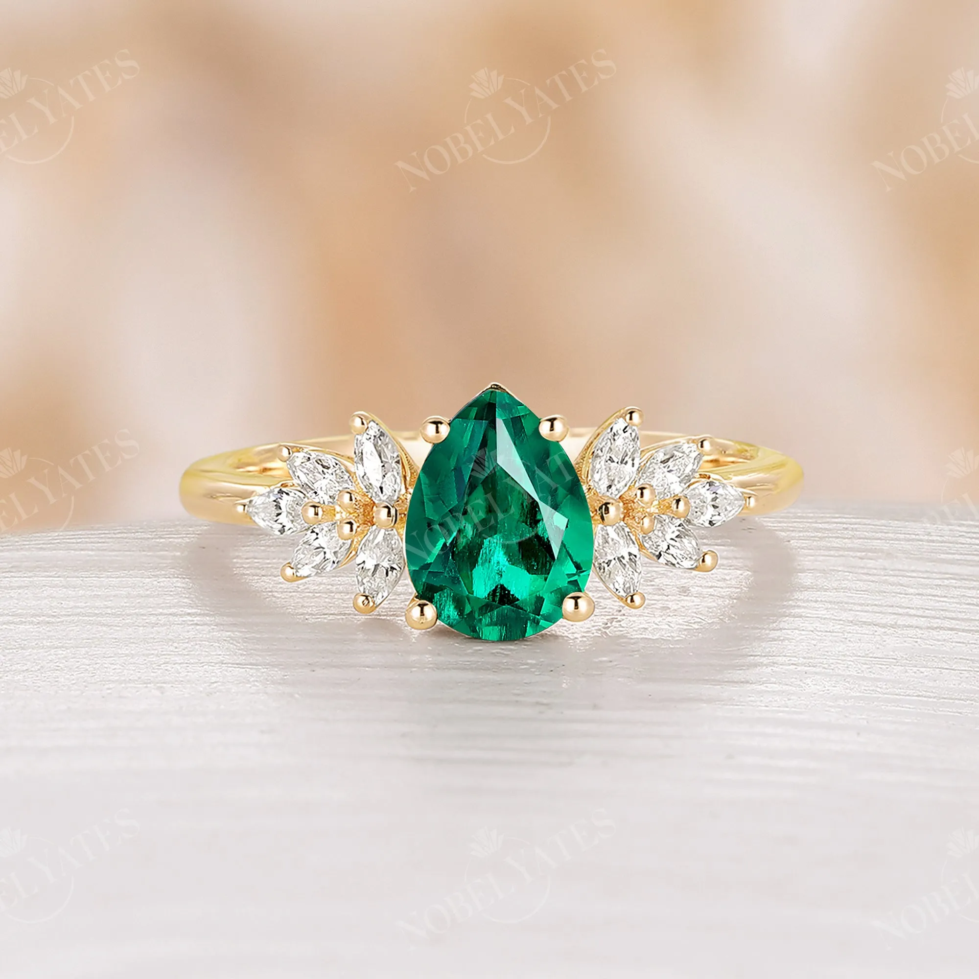 Vintage Pear Lab Emerald Cluster Engagement Ring Rose Gold