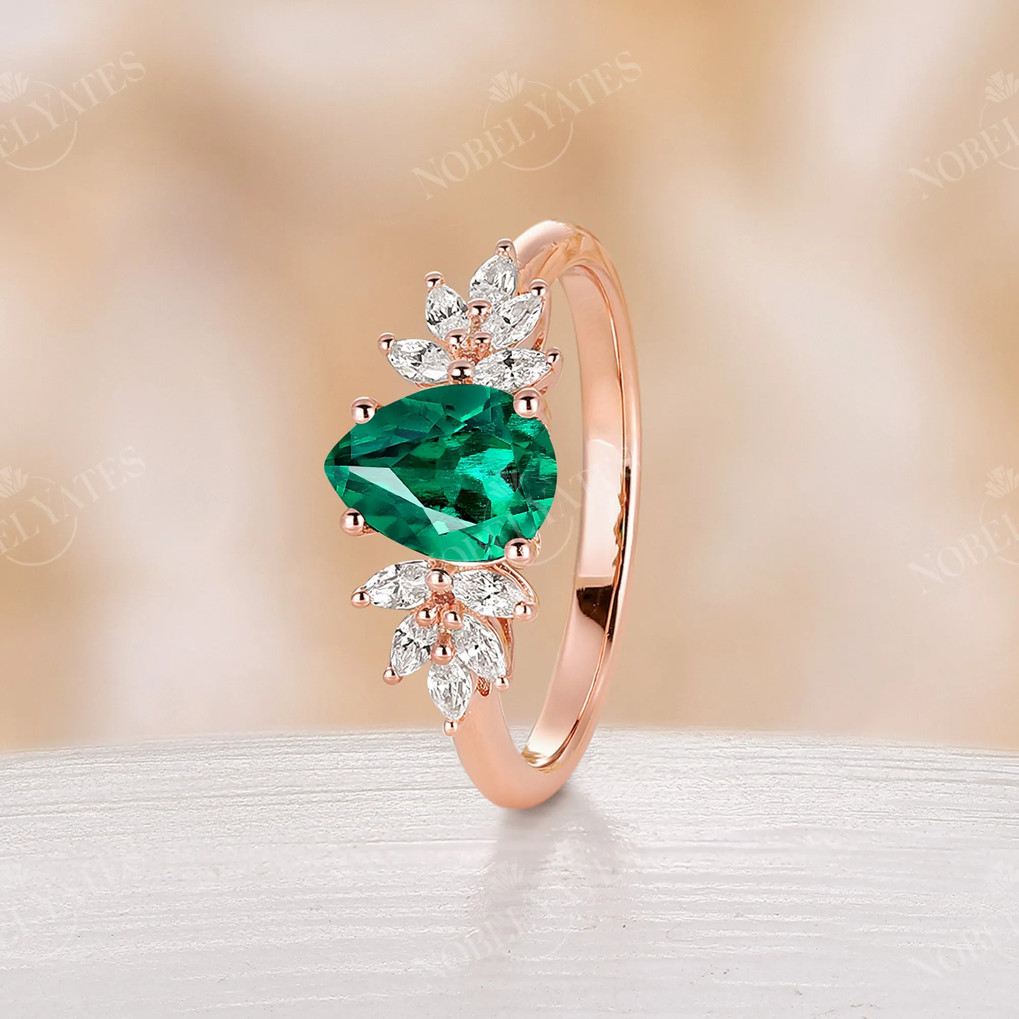 Vintage Pear Lab Emerald Cluster Engagement Ring Rose Gold