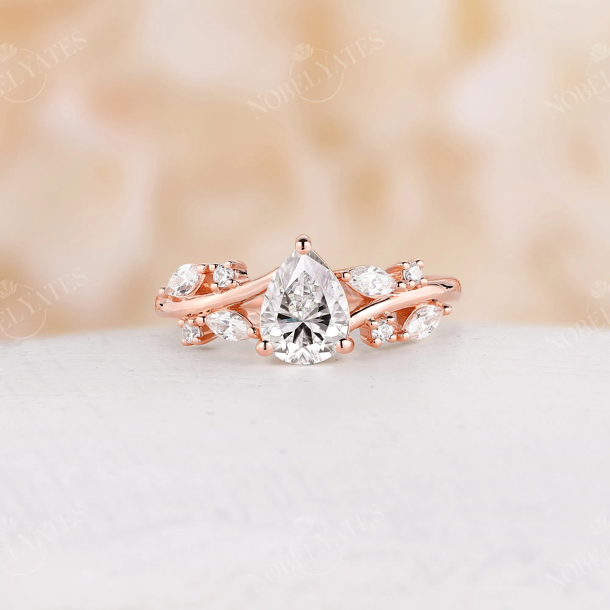 Vintage Pear Shape Moissanite Rose Gold Twig Engagement Ring