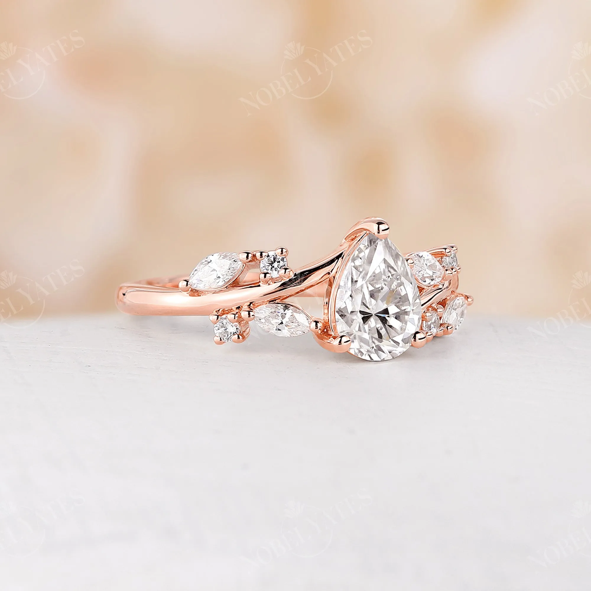 Vintage Pear Shape Moissanite Rose Gold Twig Engagement Ring