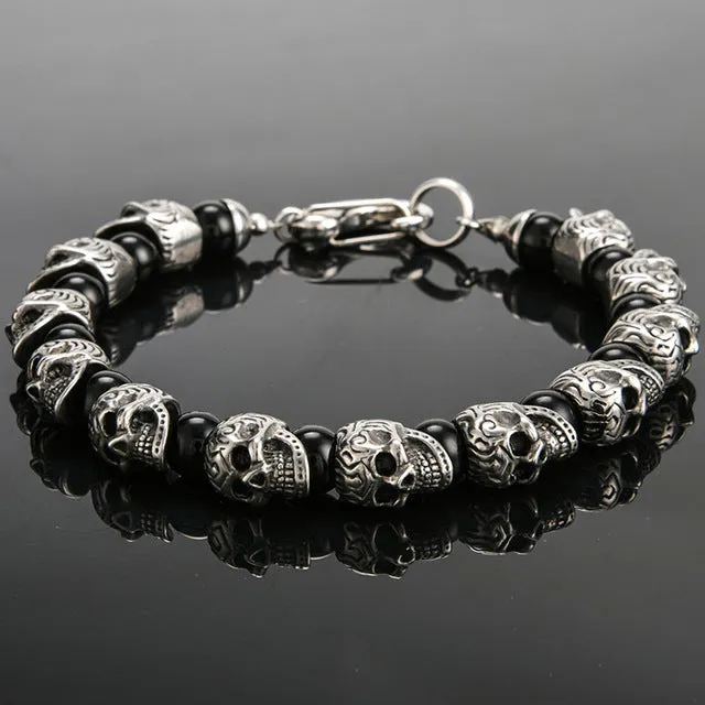 Vintage Stainless Steel 8mm Natural Stone Skull Bracelet