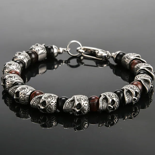 Vintage Stainless Steel 8mm Natural Stone Skull Bracelet