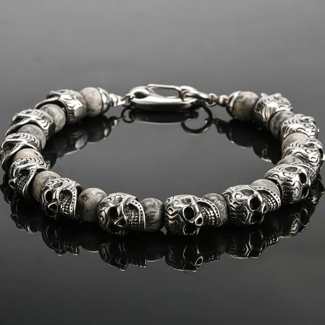 Vintage Stainless Steel 8mm Natural Stone Skull Bracelet