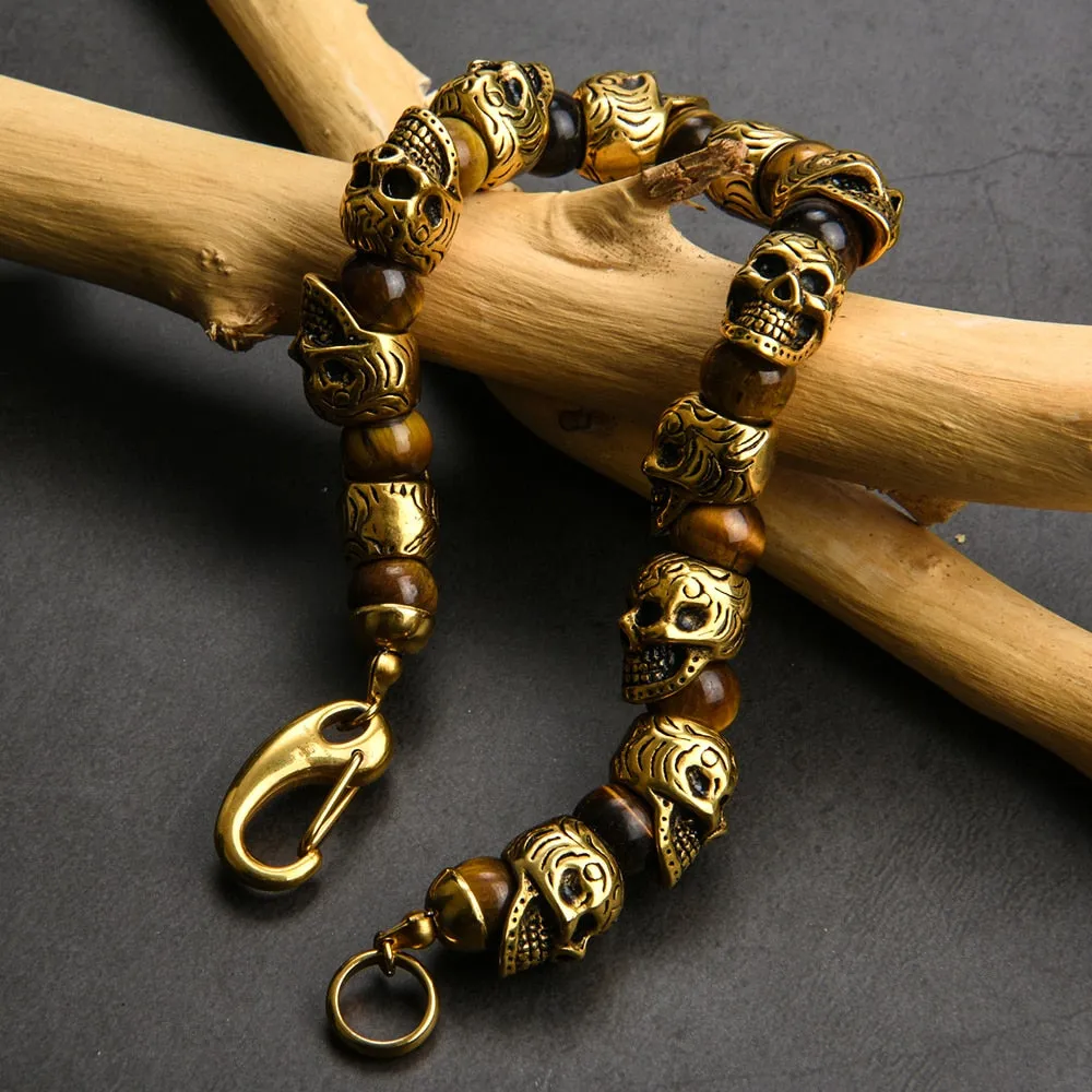 Vintage Stainless Steel 8mm Natural Stone Skull Bracelet