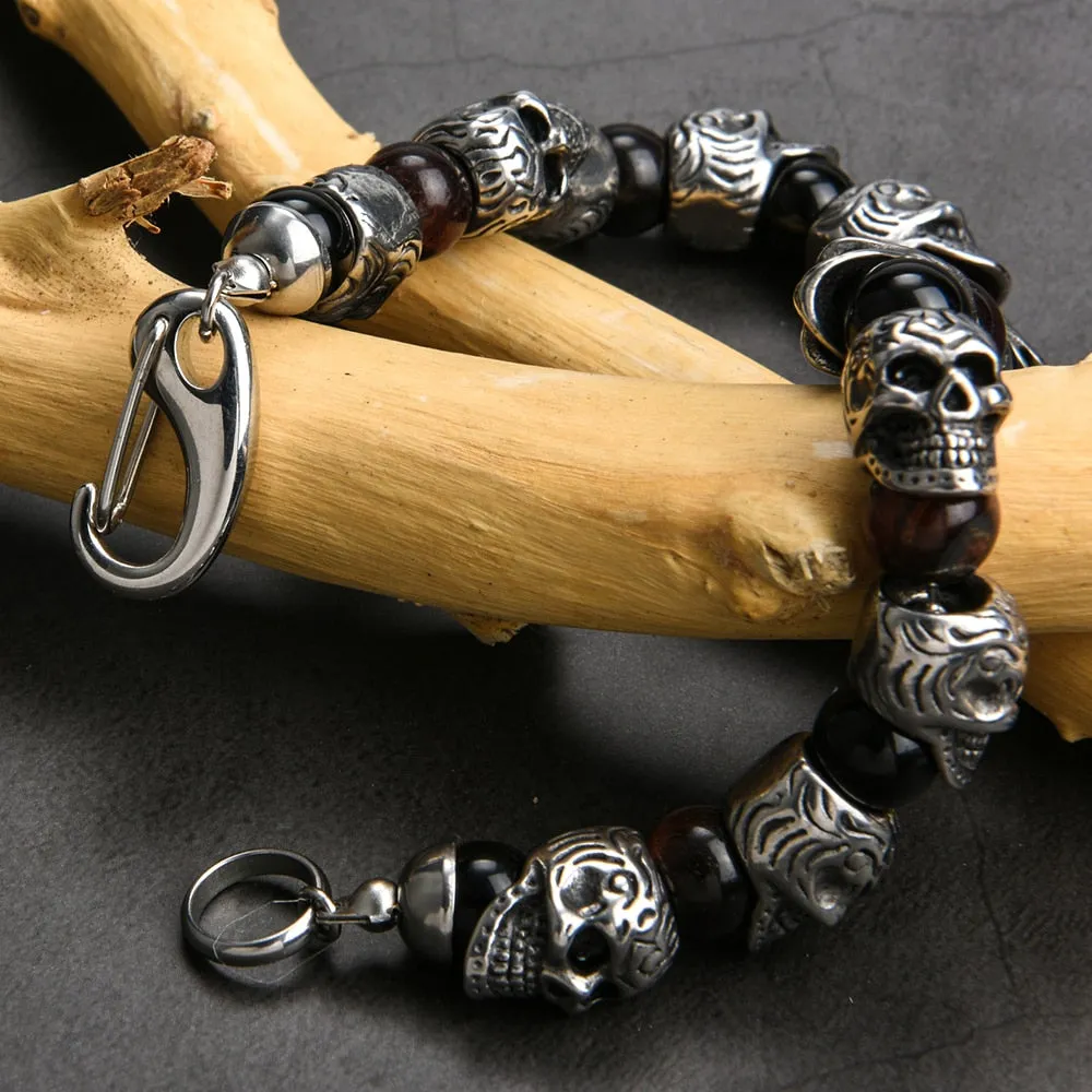 Vintage Stainless Steel 8mm Natural Stone Skull Bracelet