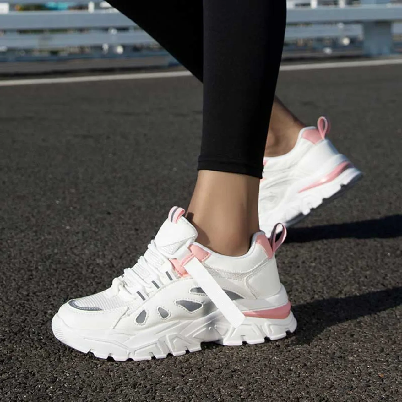 White pink strap decorated casual sport shoe sneaker