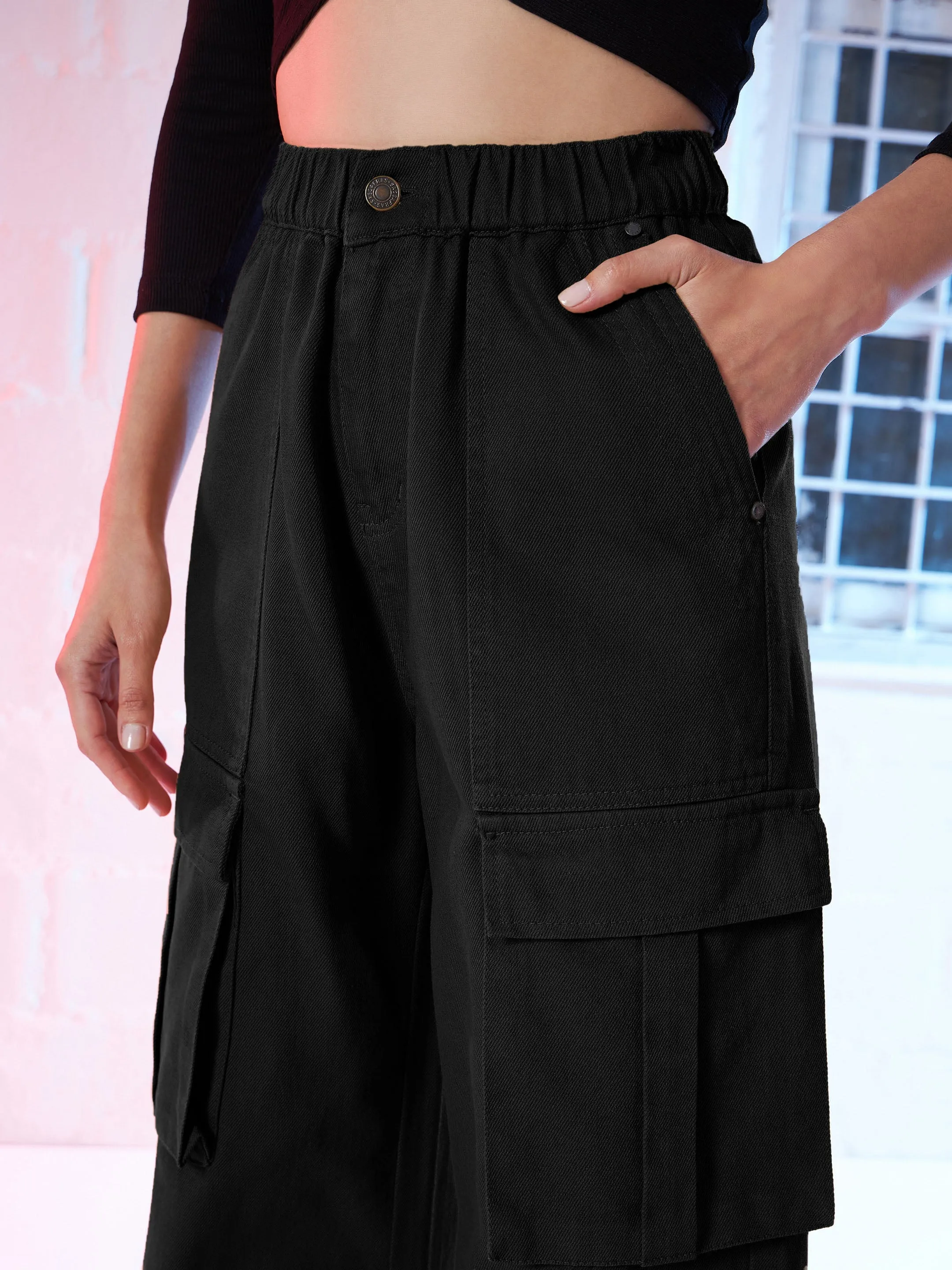 Women Black Box Pocket Cargo Jeans