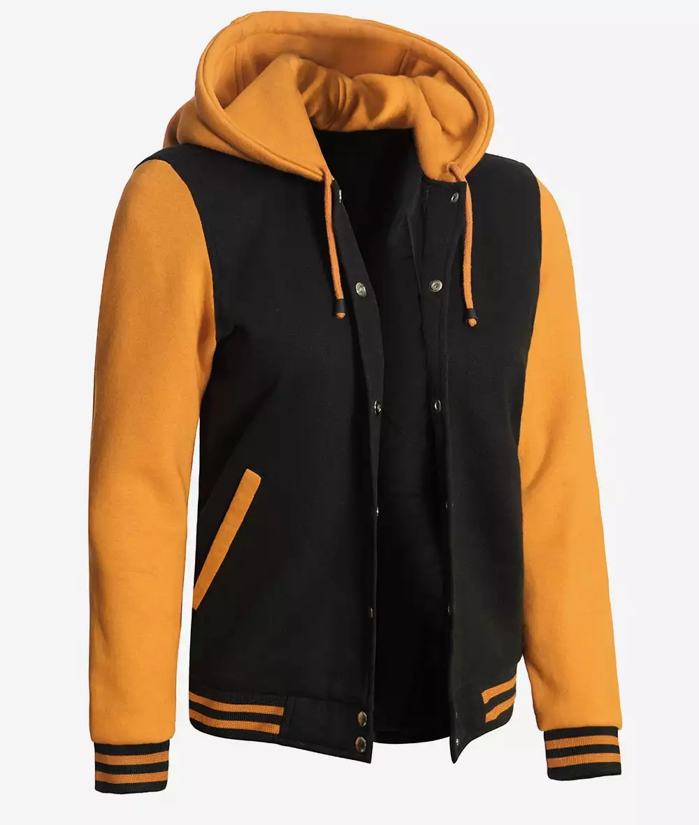 Women's Black and Yellow Hooded Varsity Jacket