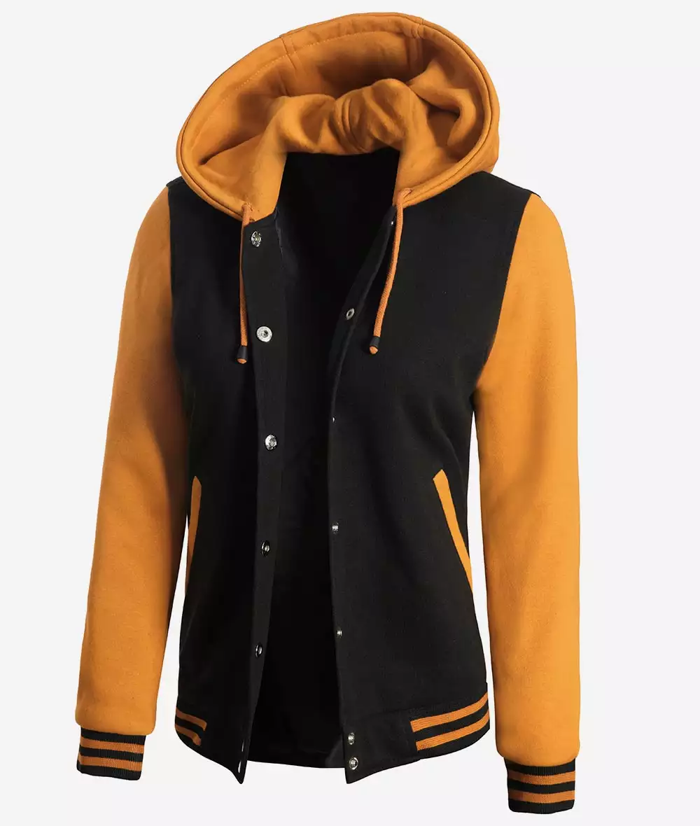 Women's Black and Yellow Hooded Varsity Jacket