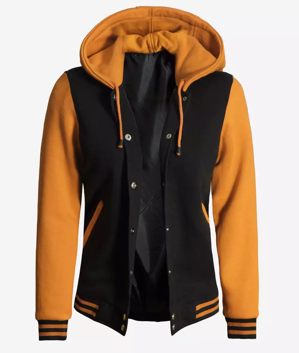 Women's Black and Yellow Hooded Varsity Jacket