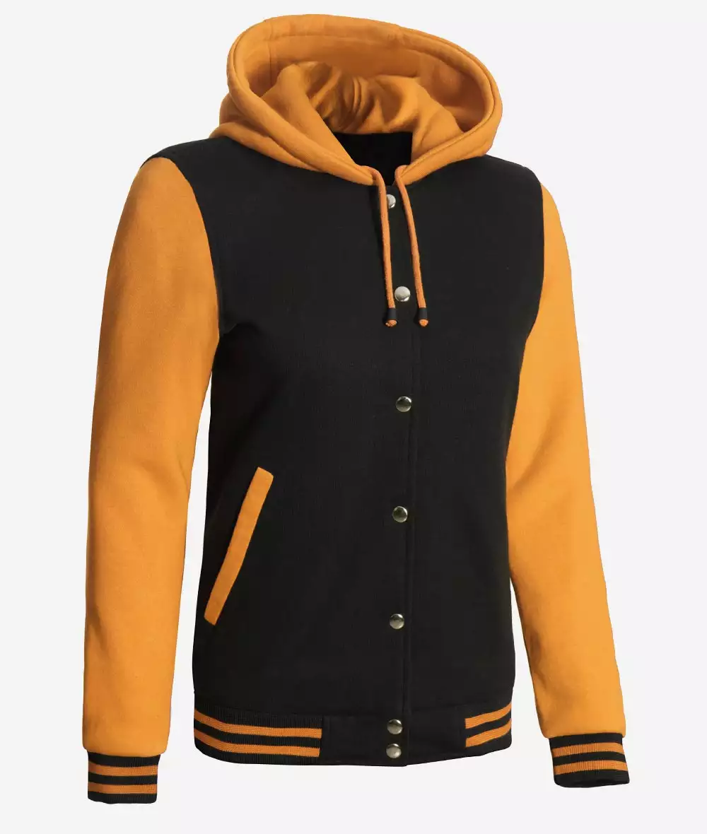 Women's Black and Yellow Hooded Varsity Jacket