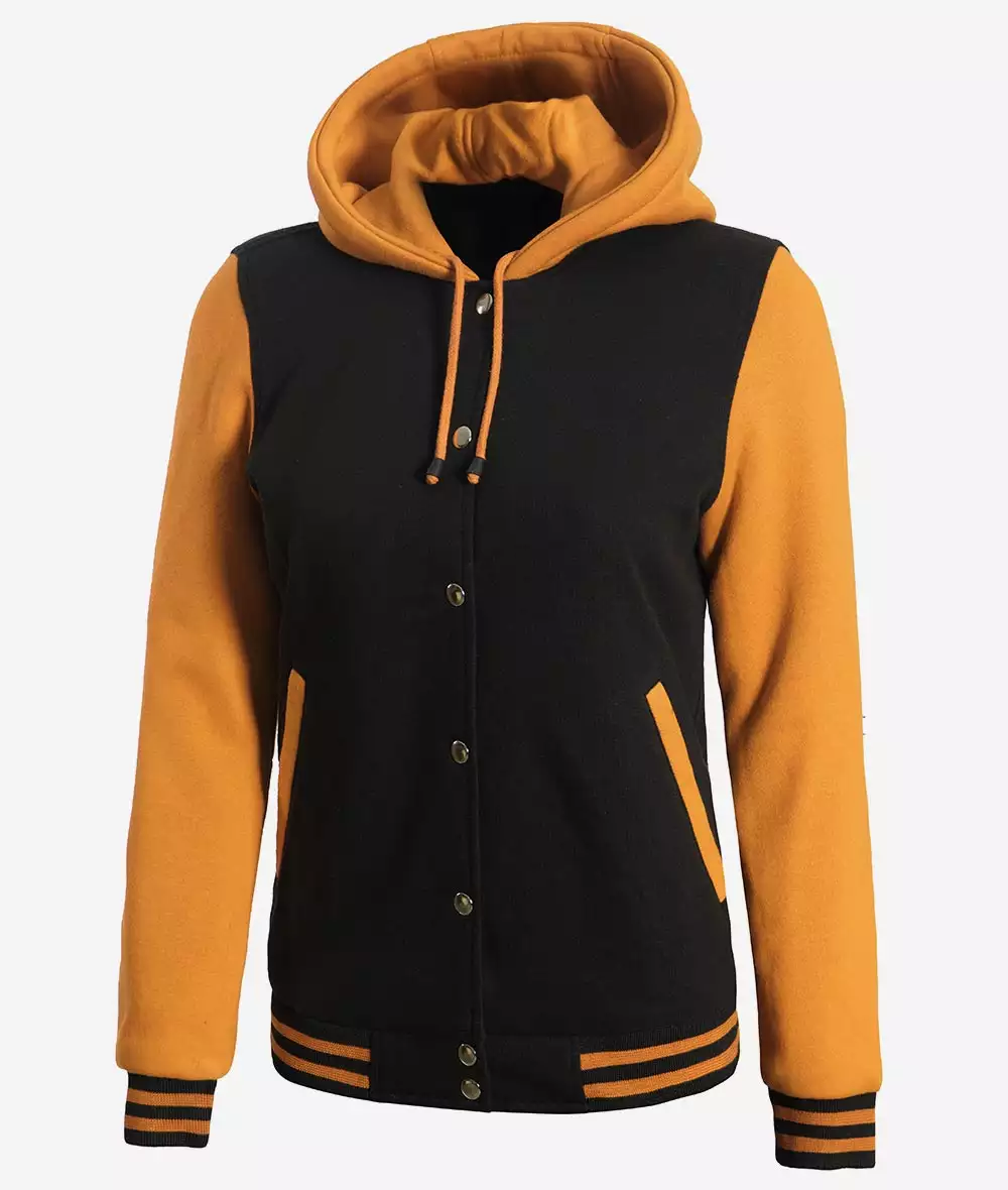 Women's Black and Yellow Hooded Varsity Jacket