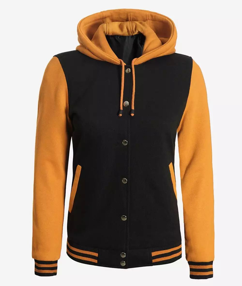 Women's Black and Yellow Hooded Varsity Jacket