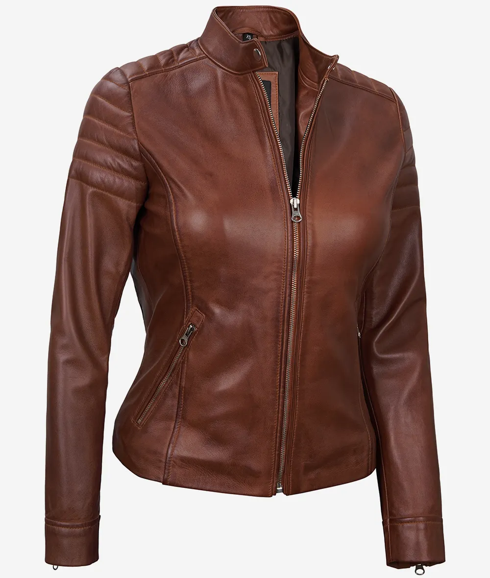 Women's Cognac Cafe Racer Leather Jacket