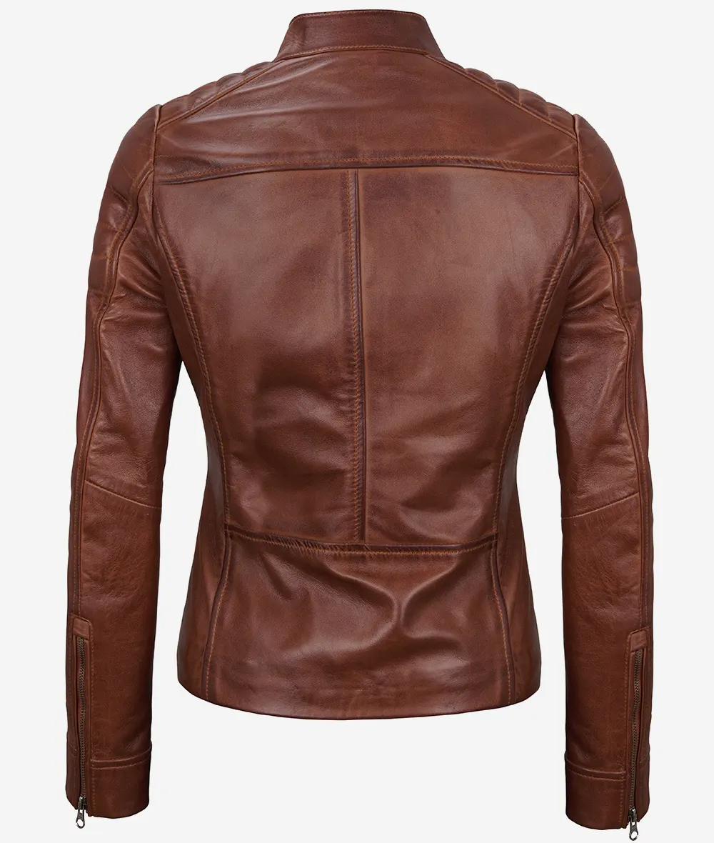 Women's Cognac Cafe Racer Leather Jacket