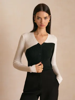 Wool-Blend Color Block Slim Cardigan