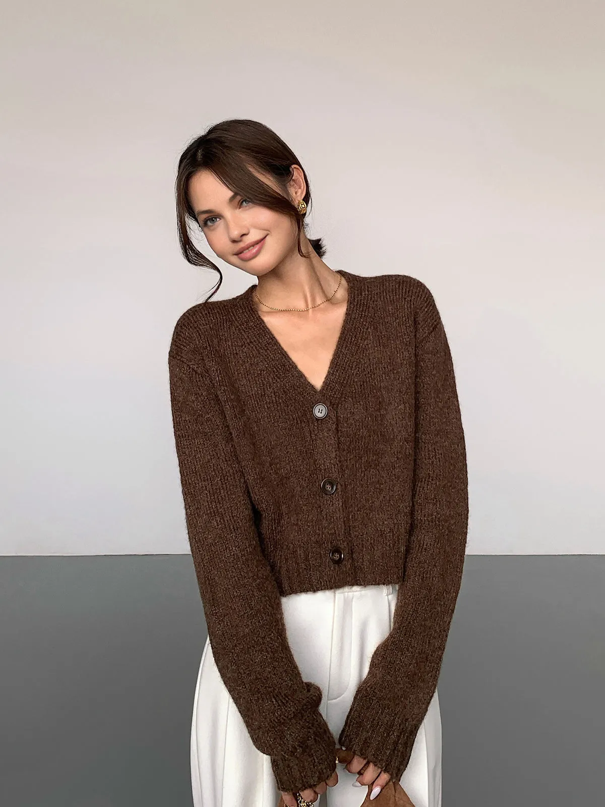 Wool-Blend V-Neck Short Cardigan